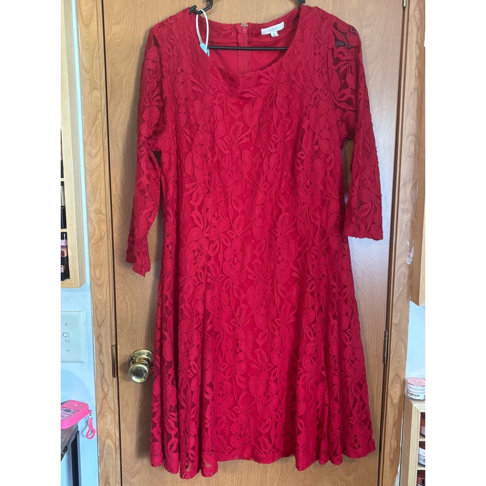 Halo Womens Red Floral Lace Fit and Flare Dress 3/4 Sleeve Size M 80A6GP7099